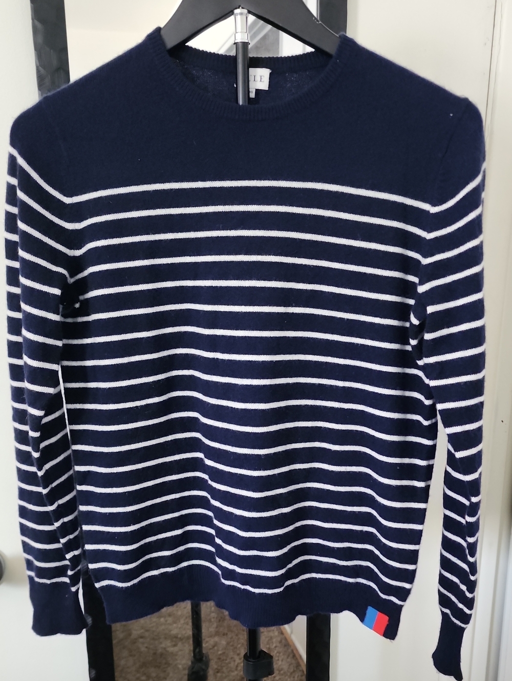 KULE Cashmere Navy and White Striped Crewneck Sweater